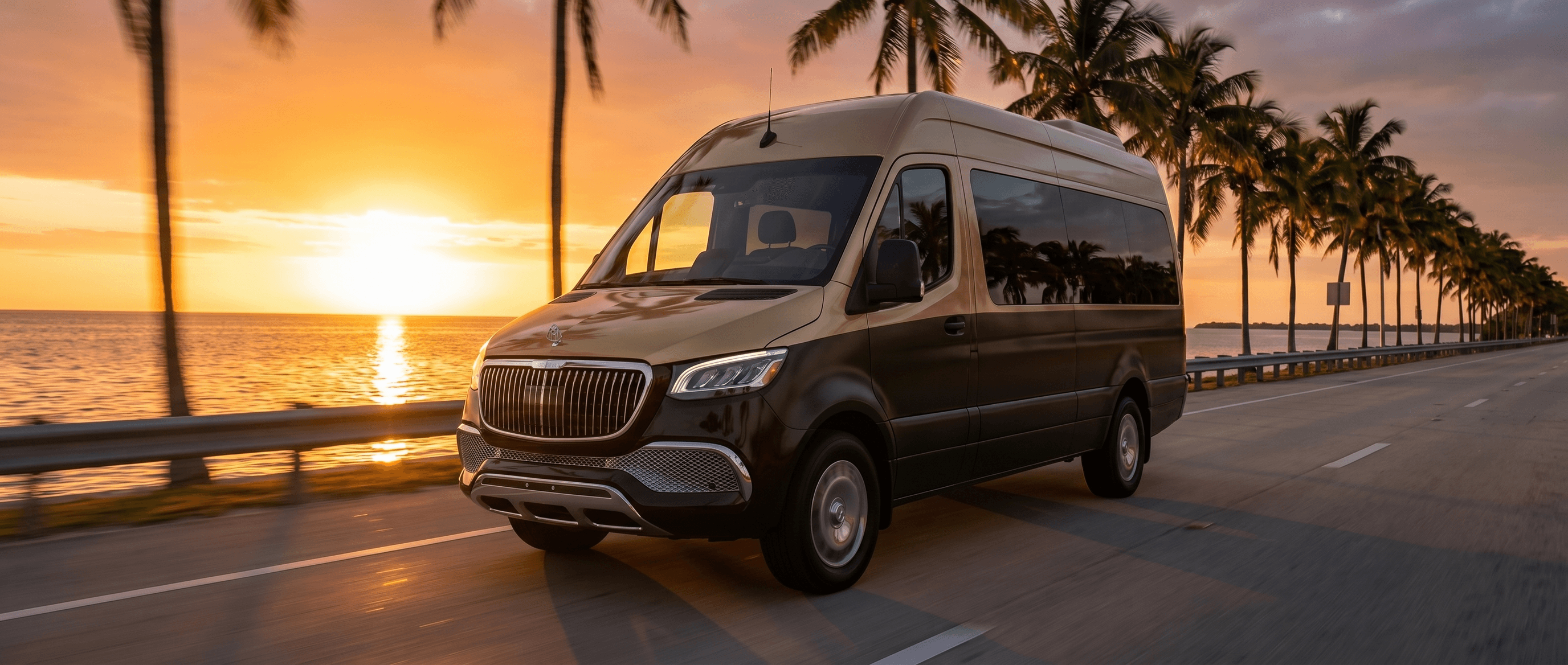 Mercedes-Maybach Sprinter on Florida road at dawn